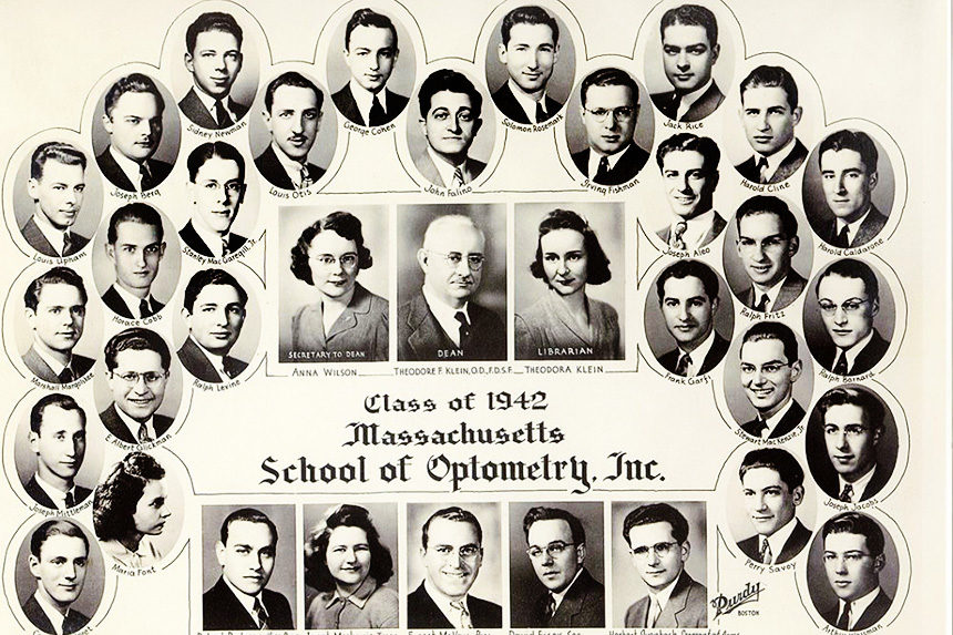 Formal class photo of headshots of class of 1942 with 30 men and two women.