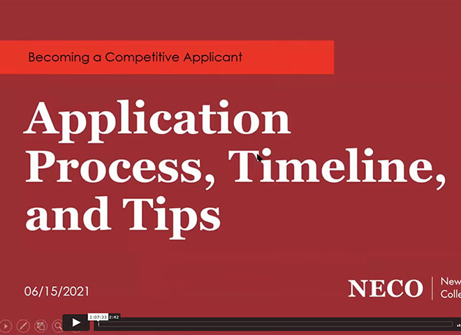 Presentation title slide entitled Application, Process, Timeline, and Tips